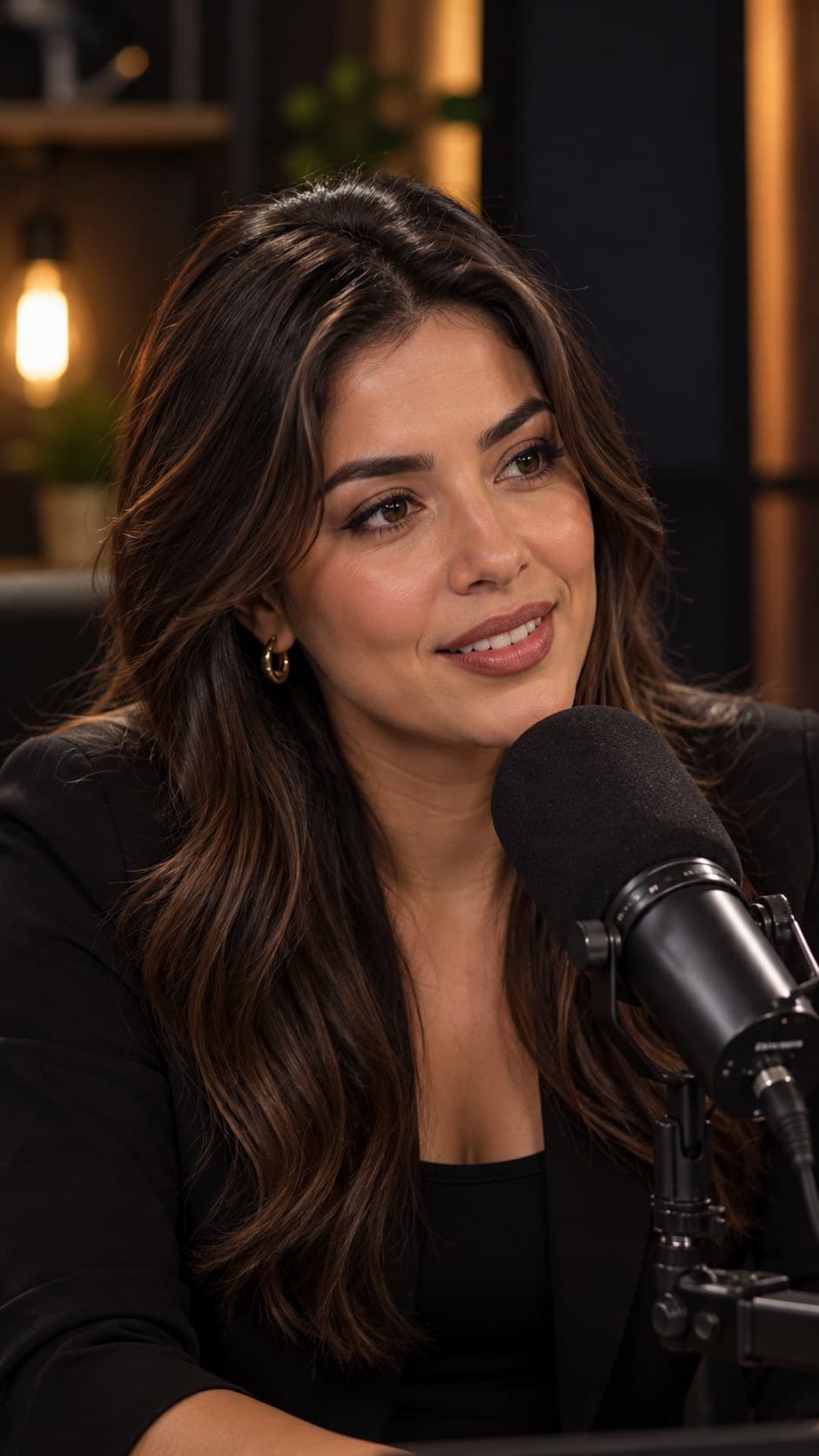 Julia, apresentadora do Reflexões da Julia, sorrindo em frente ao microfone no estúdio do podcast