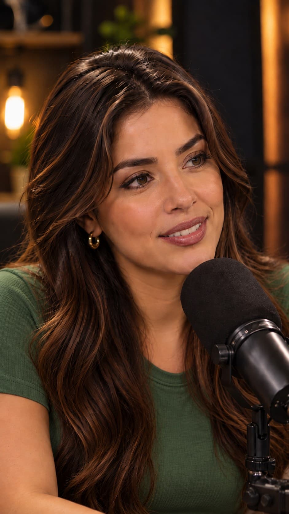 Julia conversando no estúdio do podcast